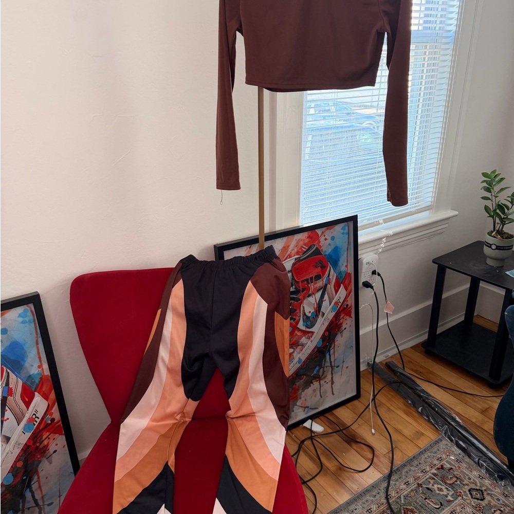 Colorblock Two Piece Set- Brown, Peach & Black